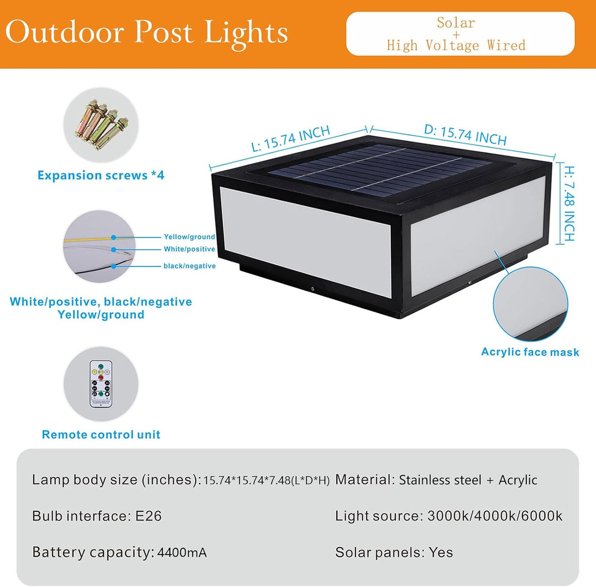 Outdoor Solar Post Light, 15.74'x15.74' Modern LED Fence Deck Cap Light Solar Column Lamp for Flat Surface Patio Garden Decoration with IP54 Waterproof E26~E27 Base