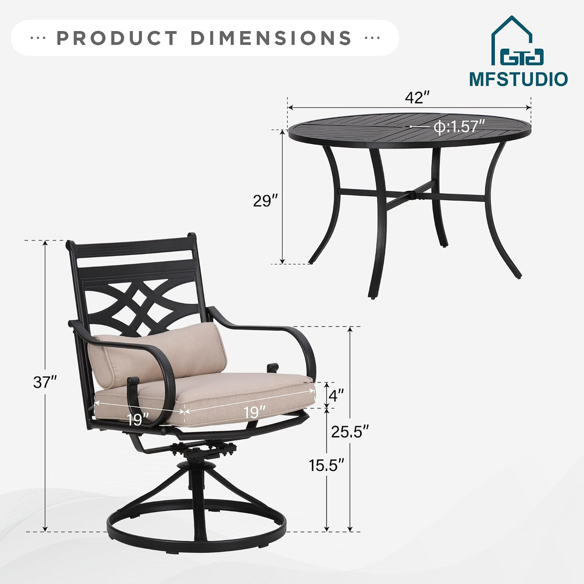 MFSTUDIO Patio Dining Sets for 4, Round Outdoor Dining Set with Umbrella, Patio Furniture Set with Umbrella for Deck, Poolside, Backyard, Garden (Umbrella Base Not Included)