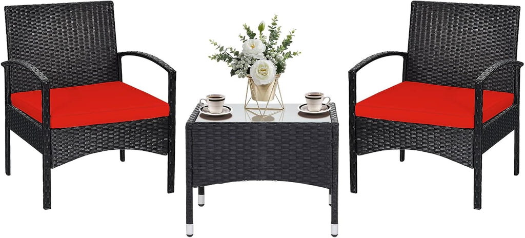 RELAX4LIFE 3-Piece Patio Furniture Set - Rattan Conversation Set, Wicker Bistro Set w/2 Chairs, Glass Coffee Table, Steel Frame, Outdoor Chairs Set for Yard Balcony, Front Porch Furniture (Red)
