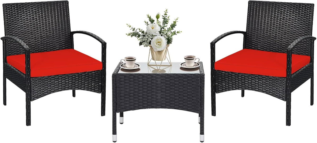 RELAX4LIFE 3-Piece Patio Furniture Set - Rattan Conversation Set, Wicker Bistro Set w/2 Chairs, Glass Coffee Table, Steel Frame, Outdoor Chairs Set for Yard Balcony, Front Porch Furniture (Red)