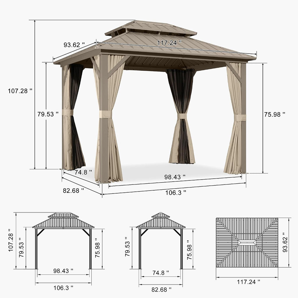 PURPLE LEAF 8' x 10' Hardtop Gazebo, Champagne Outdoor Aluminum Gazebo with Galvanized Steel Double Roof, Curtains and Netting for Patio Lawn and Garden