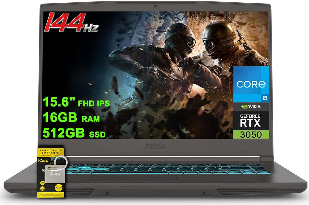 msi Thin 15 Gaming Laptop 15.6' FHD IPS 144Hz Intel 8-core i5-13420H (Beats i7-11800H) 16GB RAM 512GB SSD NVIDIA GeForce RTX 3050 Backlit Type-C Win11 ICP Hub