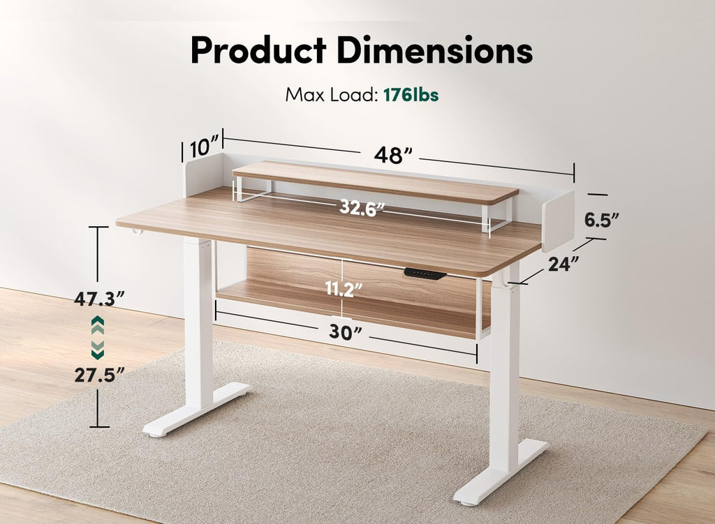 FEZIBO 55' Electric Standing Desk with Shelves, 55x24 Inches Sit Stand Rising Computer Desk with Monitor Shelf, Home Office Desks with Hook, Adjustable Height Stand Up Workstation Table, Light Walnut