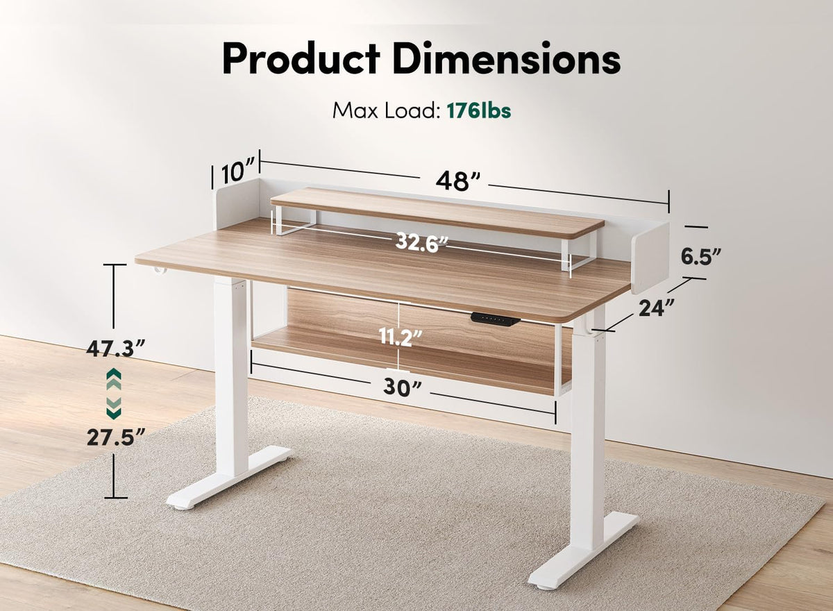 FEZIBO 55' Electric Standing Desk with Shelves, 55x24 Inches Sit Stand Rising Computer Desk with Monitor Shelf, Home Office Desks with Hook, Adjustable Height Stand Up Workstation Table, Light Walnut