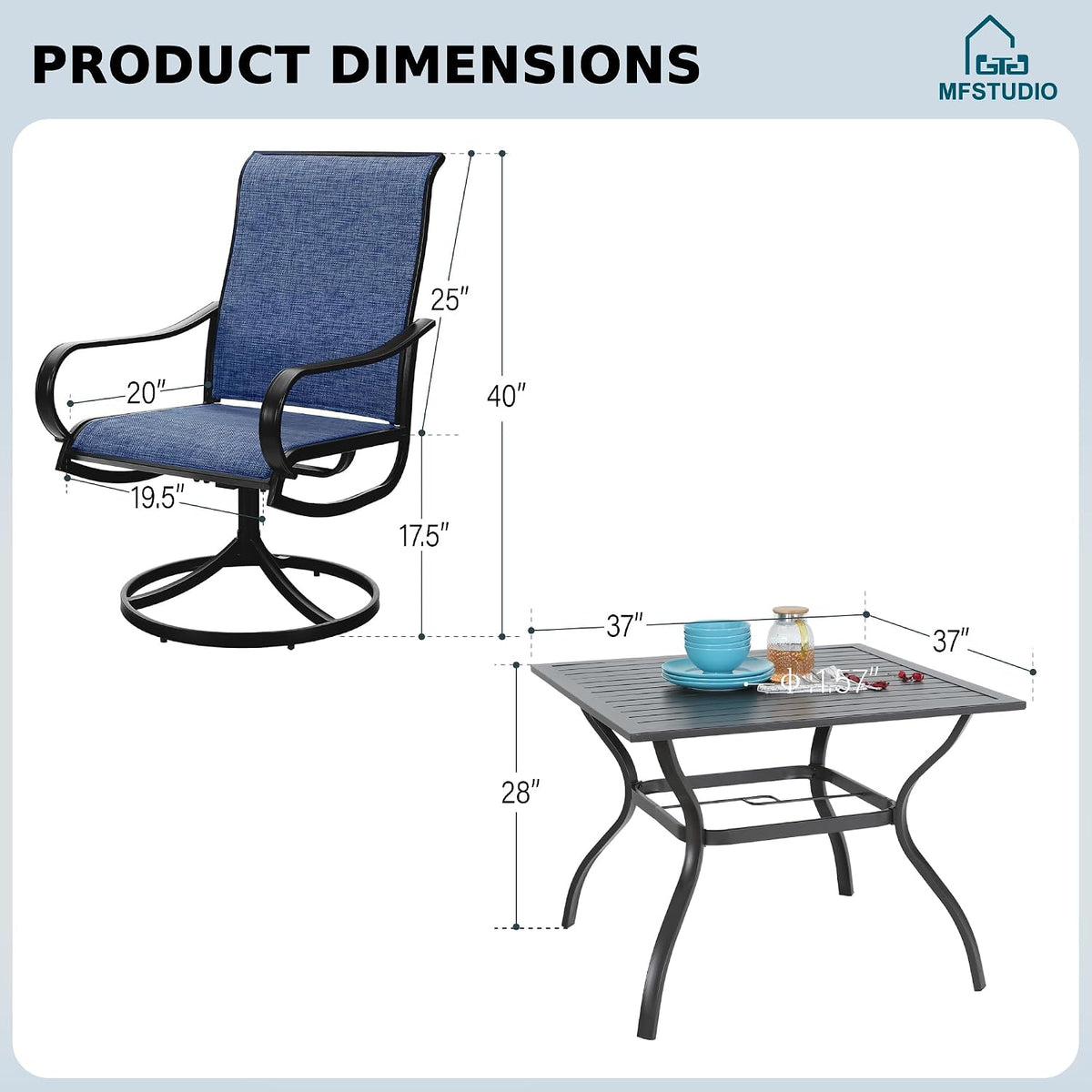 MFSTUDIO Patio Table and Chairs Set of 4, Outdoor Dining Set with Metal Table and Swivel Chairs, 5 Piece Patio Furniture Set for Deck/Backyard/Poolside/Garden