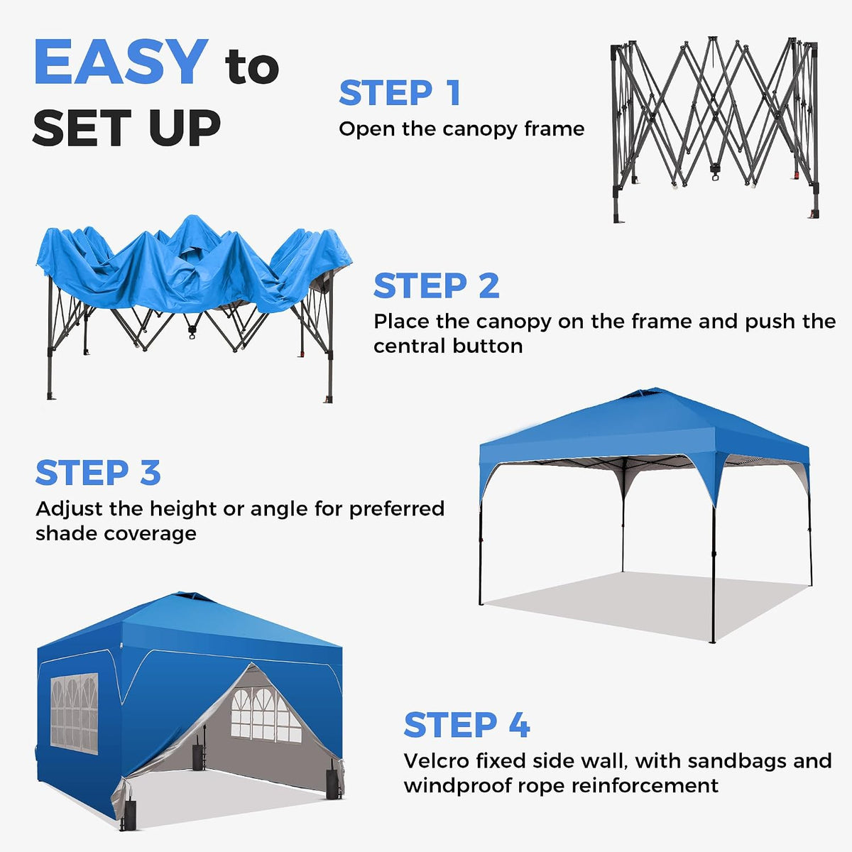 GDY 12x12 Patio Pop Up Canopy Tent with 4 Sidewalls, Easy Set up with One Push Lift Outdoor Silver Coated Beach Gazebos, Carpas with 4 Sandbags, for Parks, Parties,Camping, Blue.