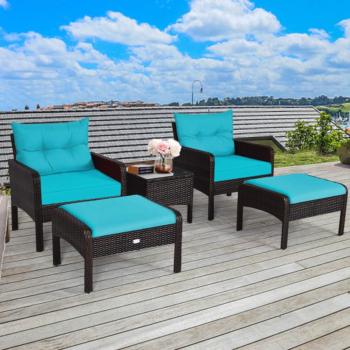 HAPPYGRILL 5-Pieces Patio Furniture Set Outdoor Rattan Wicker Conversation Set with Coffee Table Cushioned Sofas and Ottoman Chat Set for Garden Backyard