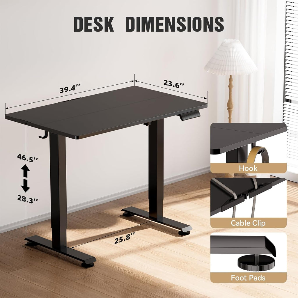 Veken 39.4' Small Electric Standing Desk, Adjustable Height Office Desk with Wood Desktop, Computer Table for Home Work, Study and Gaming, Small Spaces, Modern Furniture, Black
