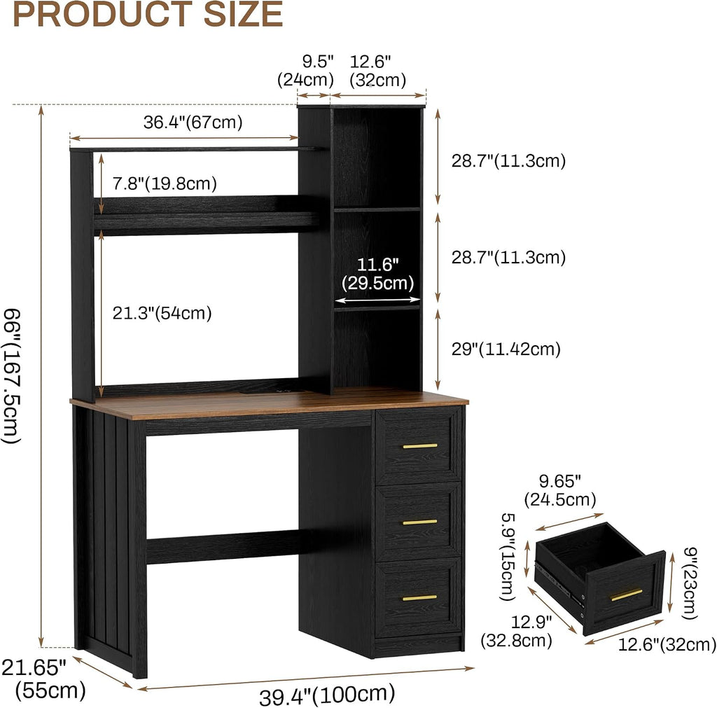 LVSOMT 40' Home Office Desk with Hutch and Drawers, Computer Desk with Power Outlets and LED Light, Study Writing Gaming Table with Storage Shelves, Workstation for Bedroom, Black