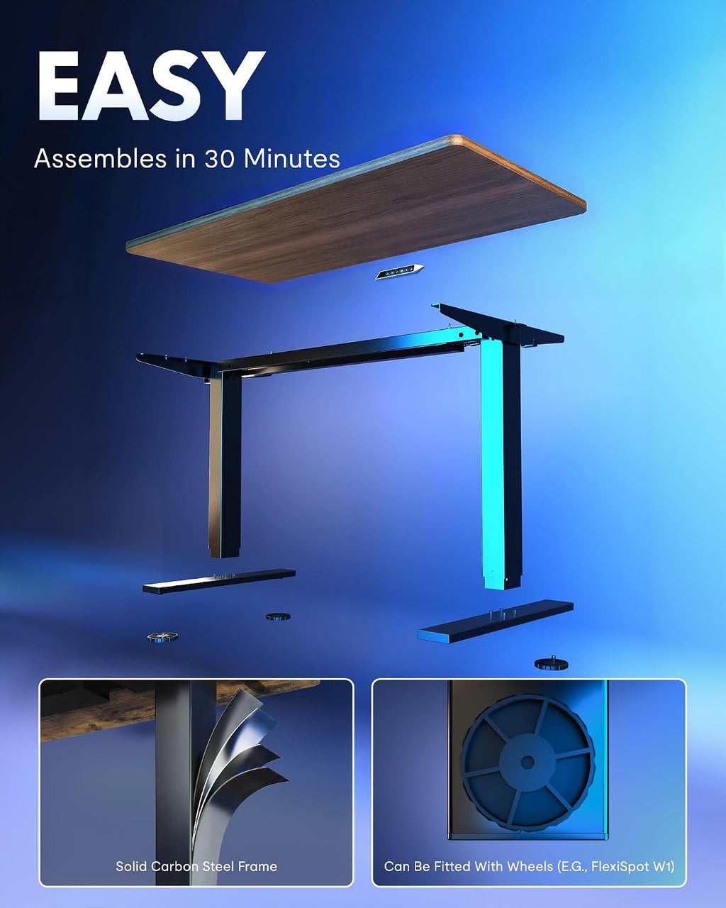 FLEXISPOT EN1 One-Piece Standing Desk, Electric Adjustable with 4 Memory Presets, 176 LBS Capacity, Stable & Quiet, Seamless Desktop for Home Office & Dual Monitors, 48'x24' Black Walnut