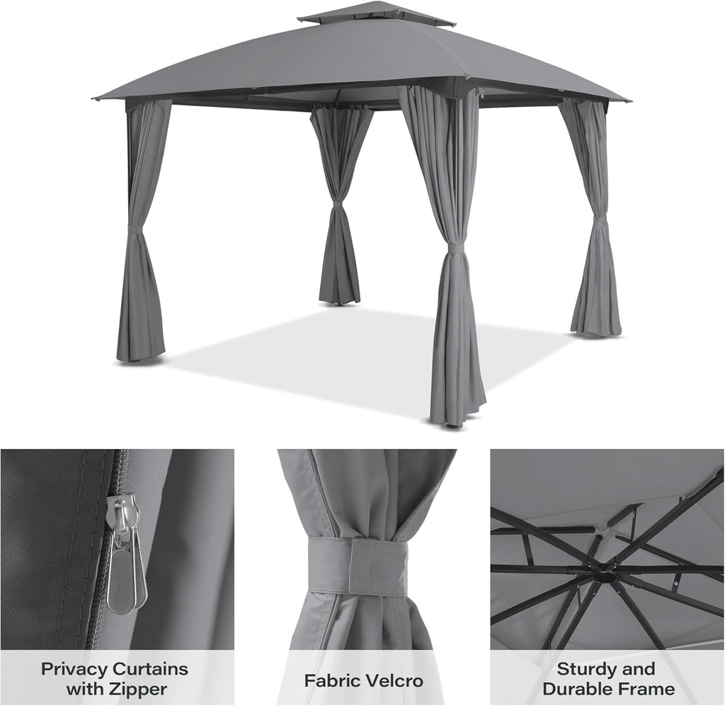 LAUSAINT HOME 10'x10' Patio Arc Gazebo with 50FT String Lights, Outdoor Canopy Tent with Curved Roof Design, Double Tier Top,Gray