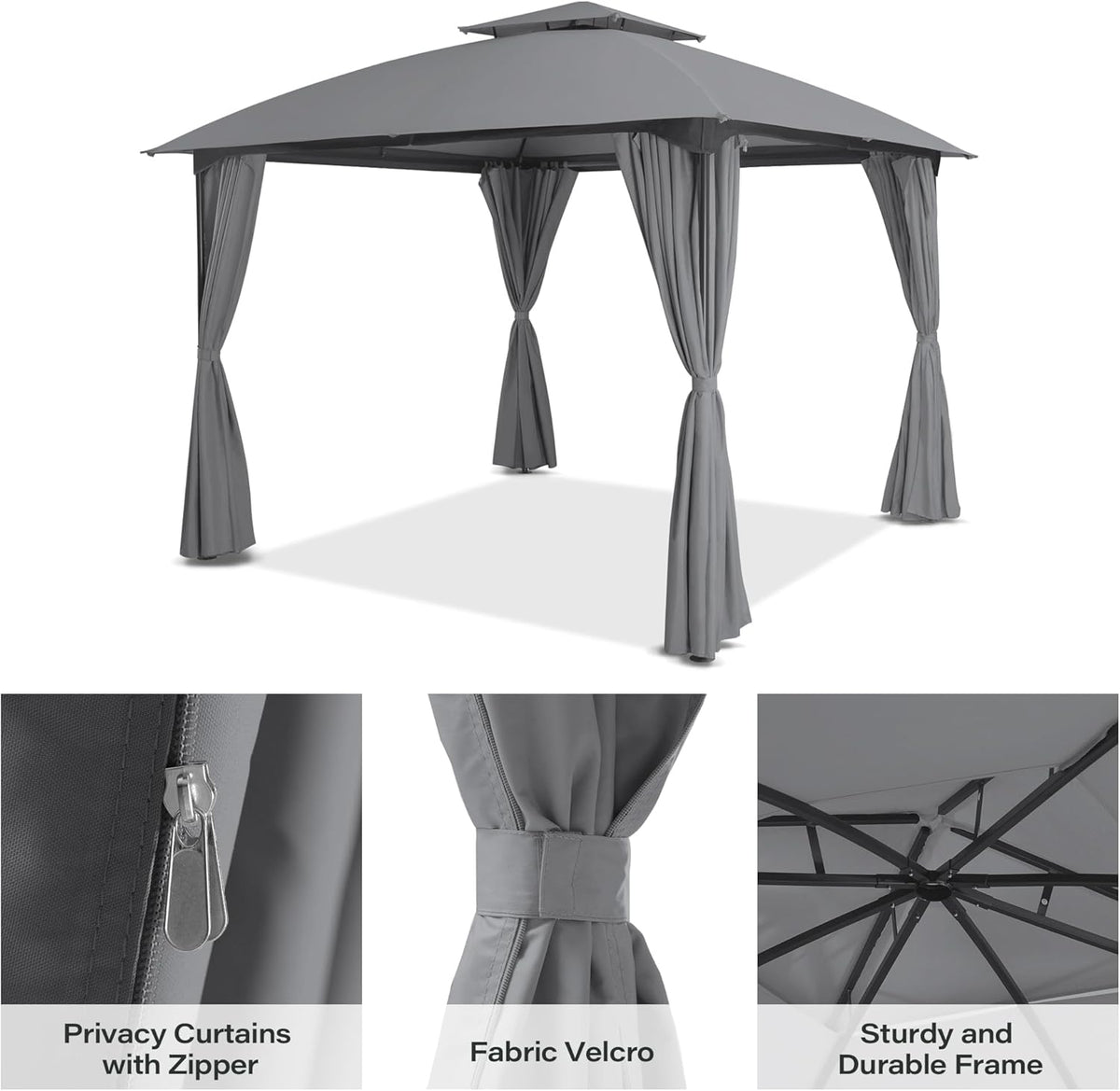 LAUSAINT HOME 10'x10' Patio Arc Gazebo with 50FT String Lights, Outdoor Canopy Tent with Curved Roof Design, Double Tier Top,Gray