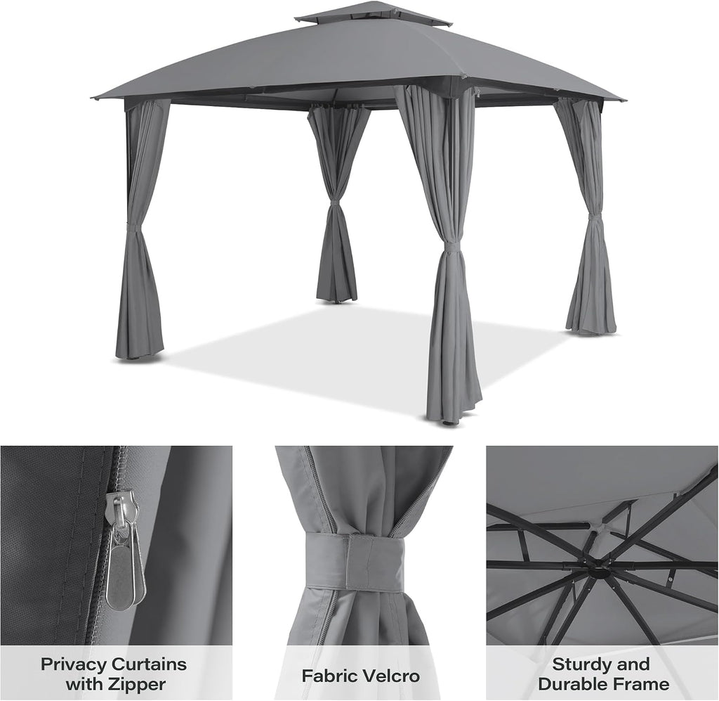 LAUSAINT HOME 10'x10' Patio Arc Gazebo, Outdoor Canopy Tent with Curved Roof Design, Double Tier Top, Privacy Curtains & Wind-Resistant Ropes, Backyard Garden Lawn, Gray