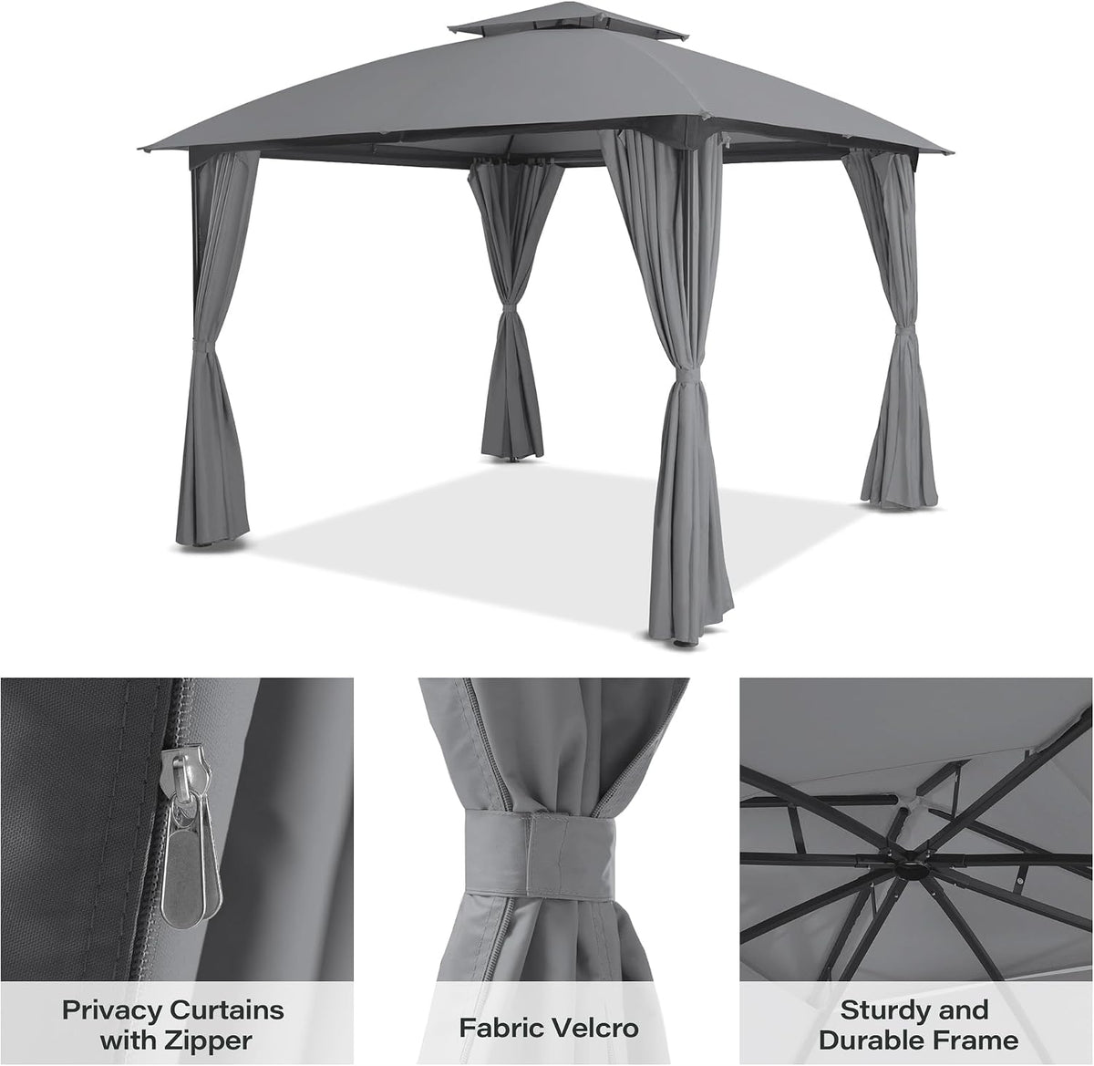 LAUSAINT HOME 10'x10' Patio Arc Gazebo, Outdoor Canopy Tent with Curved Roof Design, Double Tier Top, Privacy Curtains & Wind-Resistant Ropes, Backyard Garden Lawn, Gray