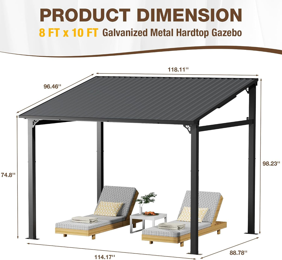 EBE 10' x 8' Outdoor Lean to Gazebo, Hardtop Wall Mounted Pergola with Sloping Galvanized Steel Roof, Lean to Metal Pergola and Gazebo Clearance for Patio, Deck, Backyard