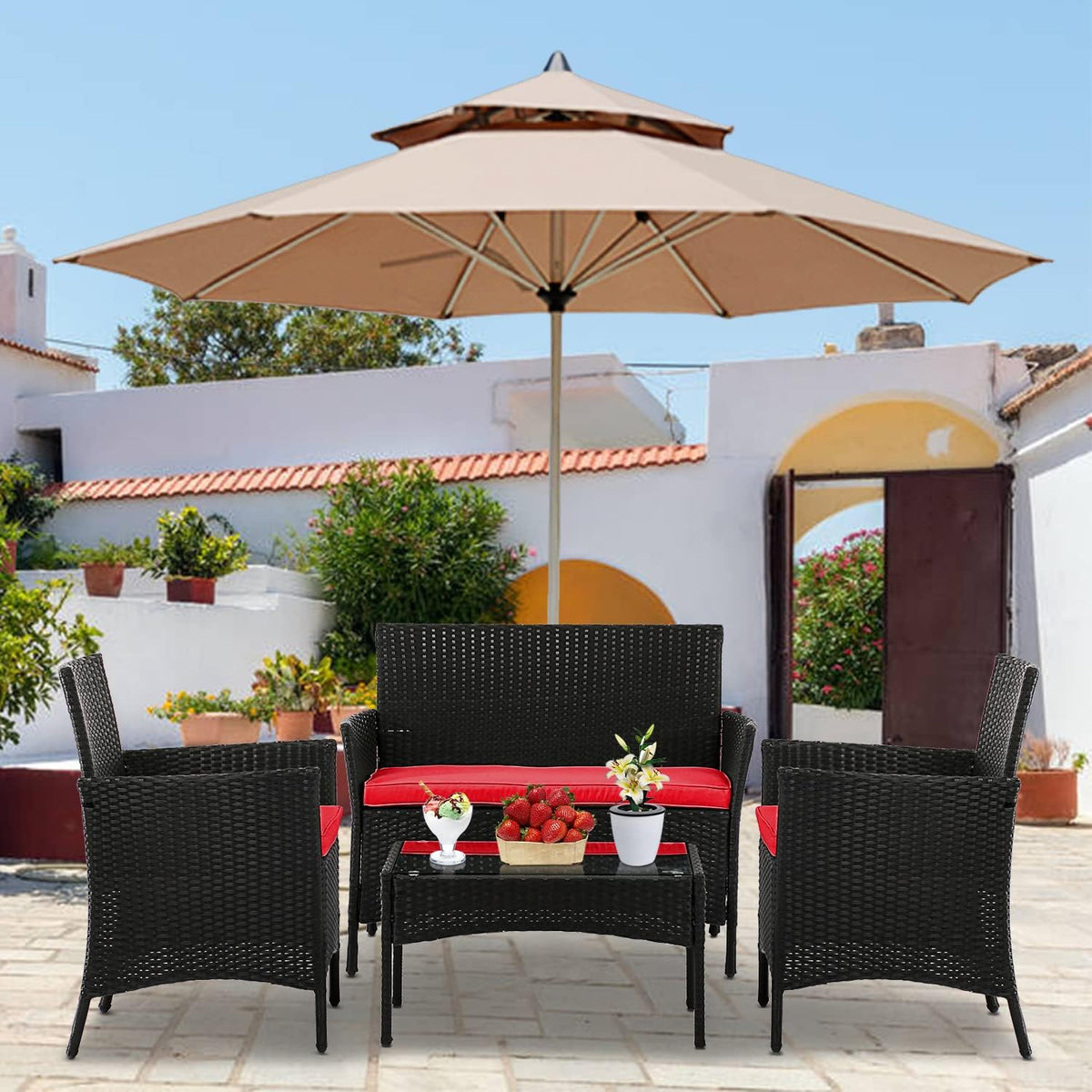 4 Pieces Patio Furniture Set Conversation Chairs, Outdoor Wicker Patio Set with Table Patio Seating Rattan Patio Sofa for Balcony Backyard Front Porch Decor Set with Cushion Seat, Blue