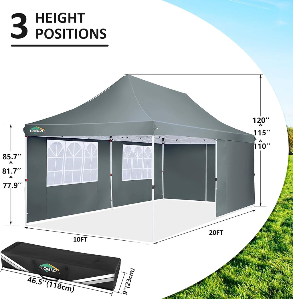 COBIZI 10x20 Pop Up Canopy with 4 Sidewalls, Conical Party Tent 10x20 with 3 Adjustable Height Waterproof, UV-Resistant EZ Outdoor Gazebo with Carry Bag, Sandbag, Stake, Rope for Parties, Commercial