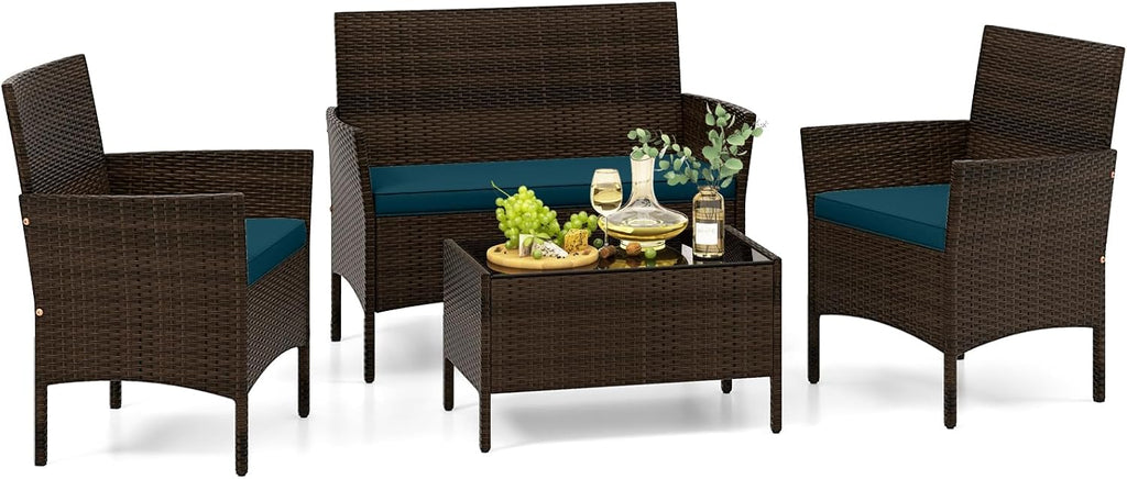 ORALNER 4 Pieces Patio Furniture Set, Rattan Chairs Loveseat with Soft Cushion and Glass Table, Outdoor Wicker Conversation Set for Balcony Garden Backyard Porch Poolside (Peacock Blue)