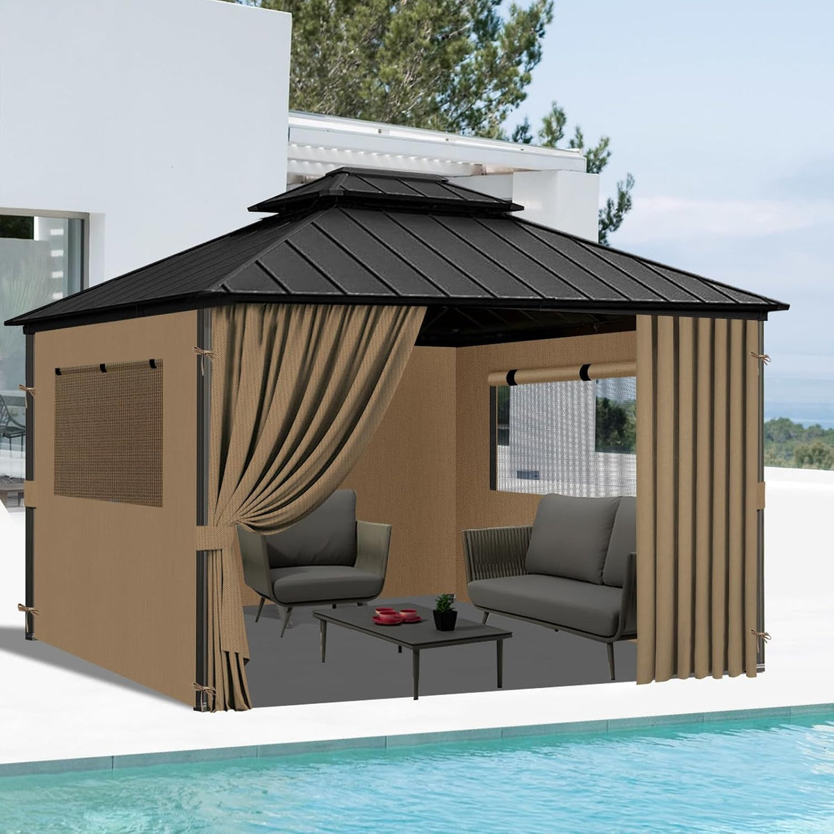 10'x12' Gazebo Curtains Outdoor Waterproof, 4-Panels Sidewalls with Zipper, Universal Replacement for Patio Privacy Screen(Only Curtains)