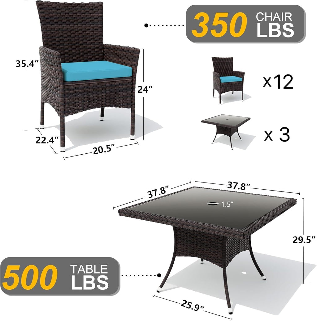 Gotland 15 Piece Outdoor Dining Set, All-Weather Rattan Patio Furniture Set with Umbrella Hole Tempered Glass Square Table, Outdoor Table and Chairs with Removable Cushions for Backyard, Deck Blue