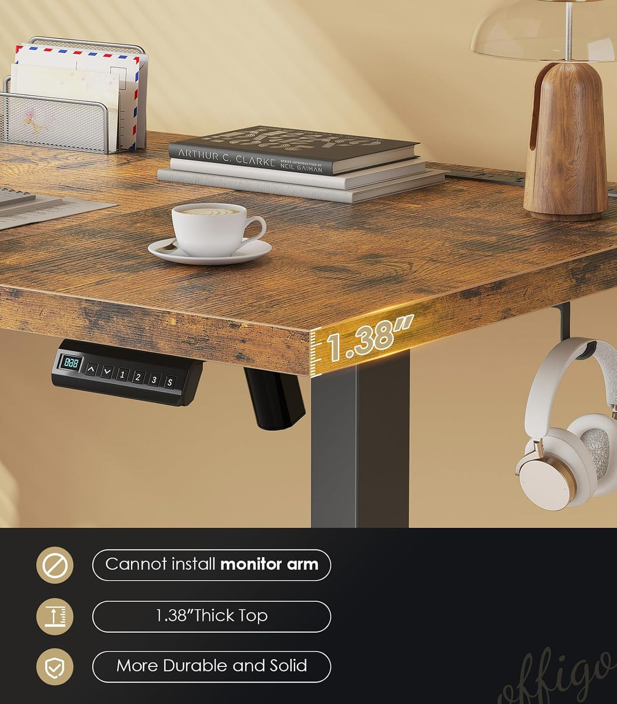 OffiGo 79 Inch Executive Electric Standing Desk, Height Adjustable Desk with Power Outlet & 1.38' Thick 3-Piece Desktop, Sit Stand Computer Desk for Home, Office, Conference Room, Rustic Brown