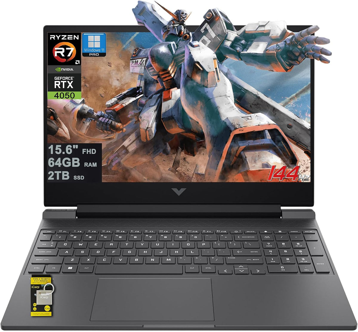 HP Victus 15 Gaming Laptop 15.6' FHD IPS 144Hz AMD 6-core Ryzen 7 7445HS 64GB RAM 2TB SSD GeForce RTX 4050 Backlit USB-C DTS:X Ultra Wi-Fi 6 Win11Pro ICP Hub
