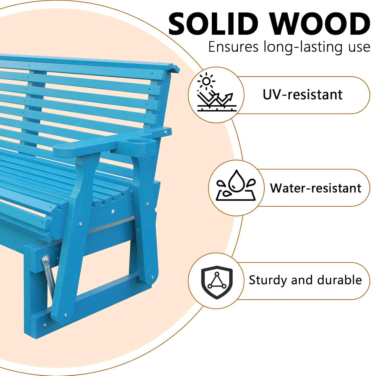 3-Seater Outdoor Glider Chair, 5FT Wood Porch Glider with High Roll Back, Cupholders and Deep Contoured for Porch, Garden, Blue