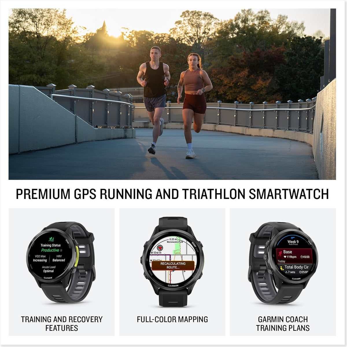 Garmin® Forerunner® 970, Premium GPS Running and Triathlon Smartwatch, AMOLED Display, Built-in LED Flashlight, Carbon Gray DLC Titanium with Black Case and Translucent Whitestone Band