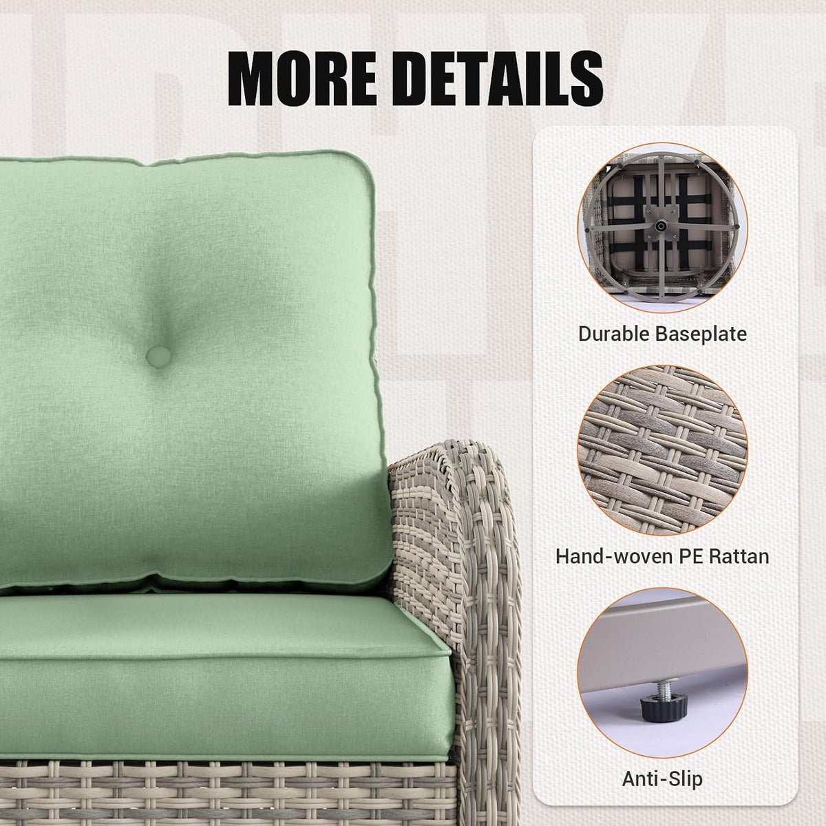 15-Piece Outdoor Patio Furniture Set with Rocking Swivel Chair, Wicker Rattan Sectional Sofa Conversation Set with Tempered Glass Table with Ottomans, Backyard Furniture, Light Green