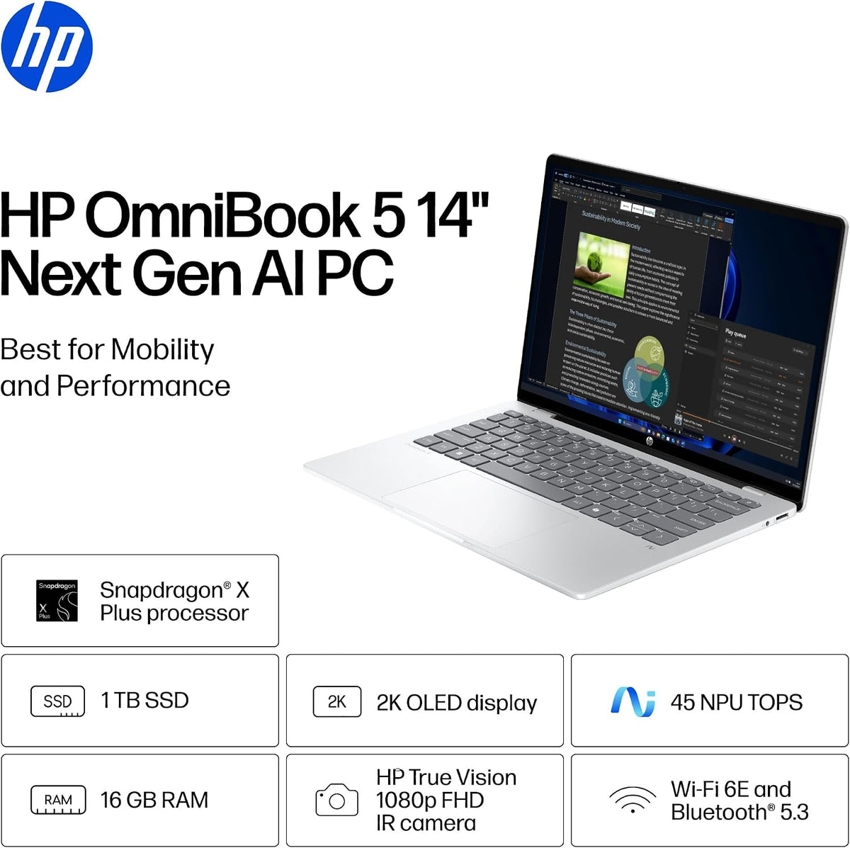 HP OmniBook 5 14 inch Next Gen AI PC, OLED Display, Snapdragon X Plus X1P-42-100, 16 GB RAM, 1 TB SSD, Qualcomm Adreno GPU, Windows 11 Home, Glacier Silver, 14-he0099nr