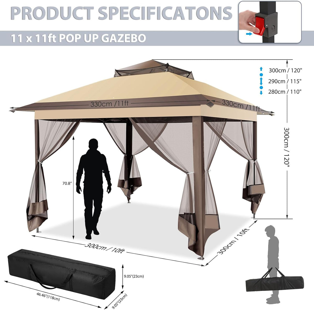 COBIZI Pop Up Gazebo 11x11 One-Push Canopy Tent, Carpas para Patio, Outdoor Canopy Shelter with Double Roof Ventiation 121 Square Feet of Shade for Lawn, Garden, Backyard and Deck,Brown(Upgraded 2.0)