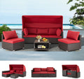 6 Pieces Patio Conversation Sets, Rectangle Wicker Daybed with Canopy, Adjustable Backrest, Storable Tea Table, Outdoor Sunbed for Backyard Garden Poolside(Wine Red)