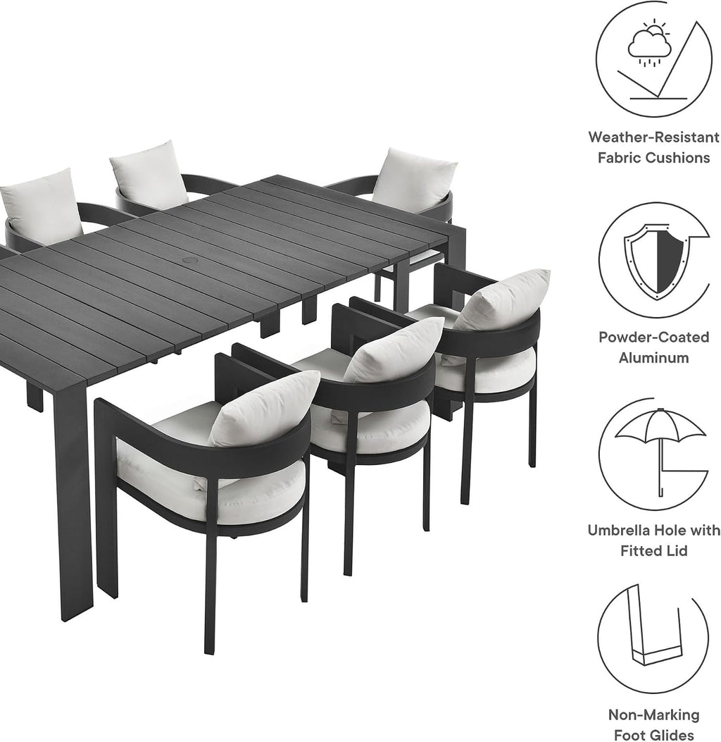 Modway Tahoe Outdoor Patio Powder-Coated Aluminum 9-Piece Dining Set in Gray White - Rectangular Patio Furniture Set for 8 - Outside Table with Umbrella Hole and Cushioned Chairs - Modern Patio Set