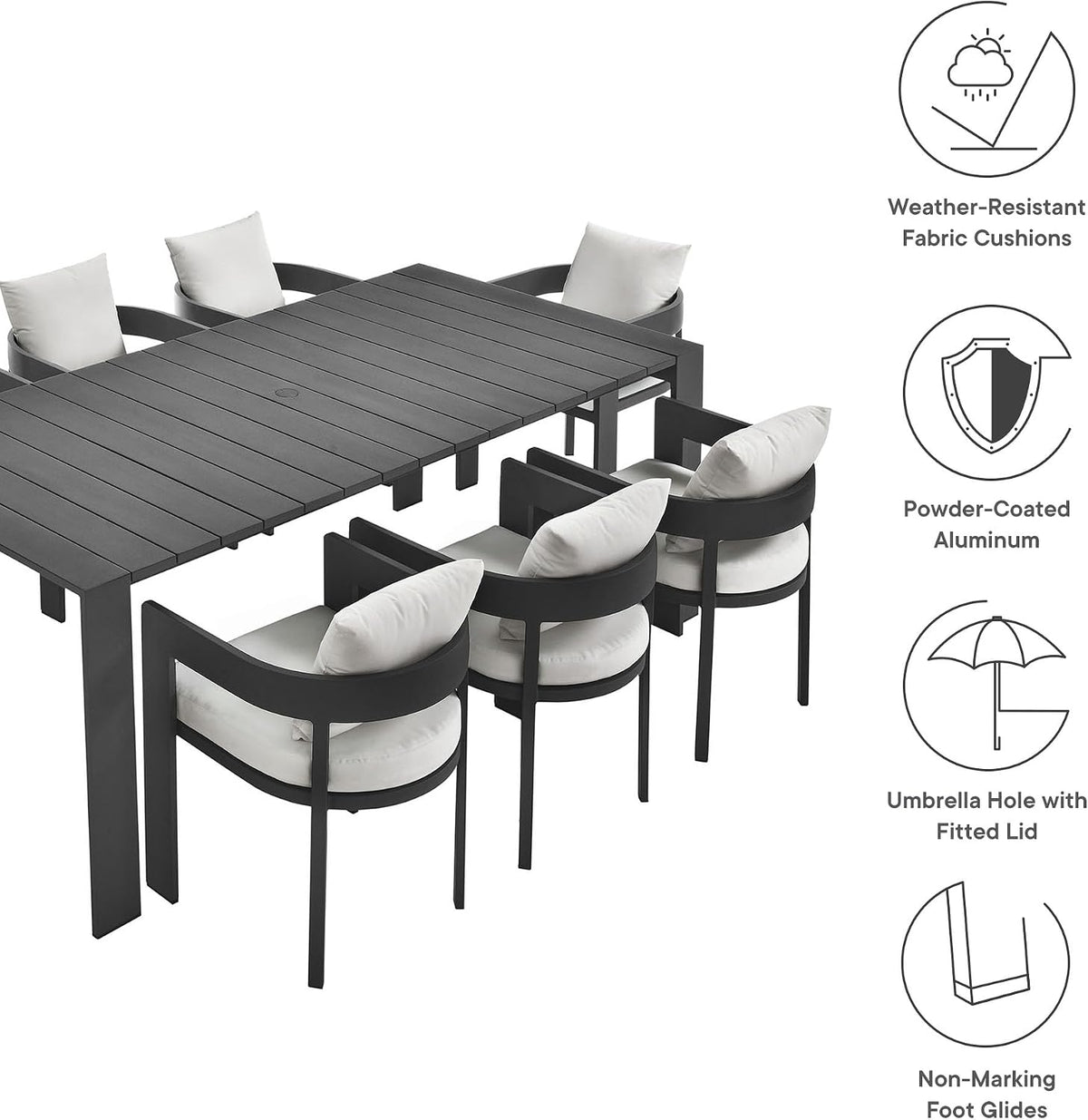 Modway Tahoe Outdoor Patio Powder-Coated Aluminum 9-Piece Dining Set in Gray White - Rectangular Patio Furniture Set for 8 - Outside Table with Umbrella Hole and Cushioned Chairs - Modern Patio Set