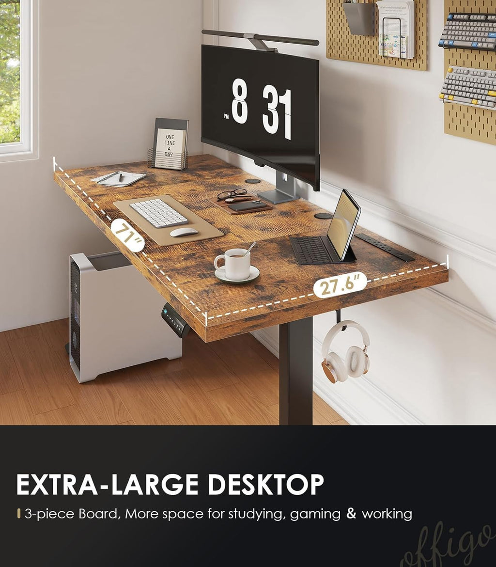 OffiGo 71 Inch Executive Electric Standing Desk, Height Adjustable Desk with Power Outlet & 1.38' Thick 3-Piece Desktop, Sit Stand Computer Desk for Home, Office, Conference Room, Rustic Brown