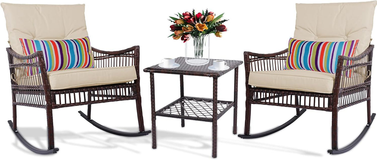 DECMICO 3 Pieces Patio Furniture Set, Wicker Rocking Chairs Bistro Set with Coffee Table, Outdoor Conversation Set for Garden and Balcony (Brown Rattan Beige Cushion)
