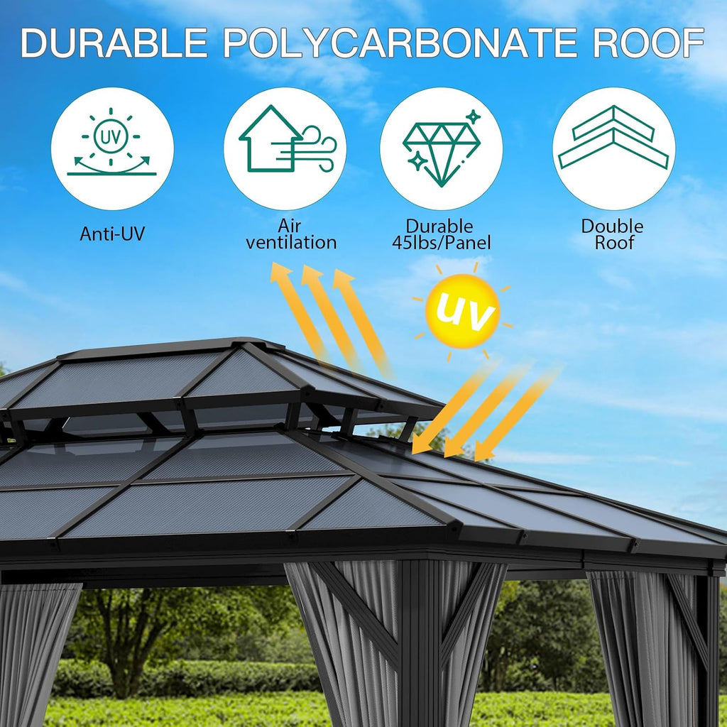 GAOMON 10'x13' Hardtop Gazebo, Outdoor Polycarbonate Double Roof Canopy, Aluminum Frame Permanent Pavilion with Curtains and Netting, Sunshade for Garden, Patio, Lawns (Gray)