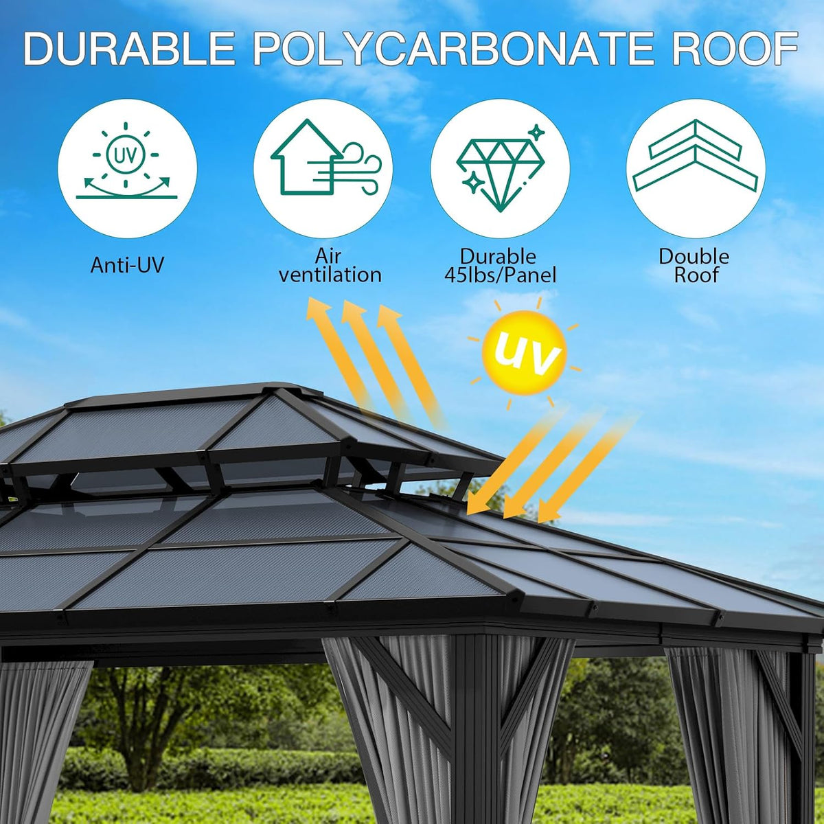 GAOMON 10'x13' Hardtop Gazebo, Outdoor Polycarbonate Double Roof Canopy, Aluminum Frame Permanent Pavilion with Curtains and Netting, Sunshade for Garden, Patio, Lawns (Gray)