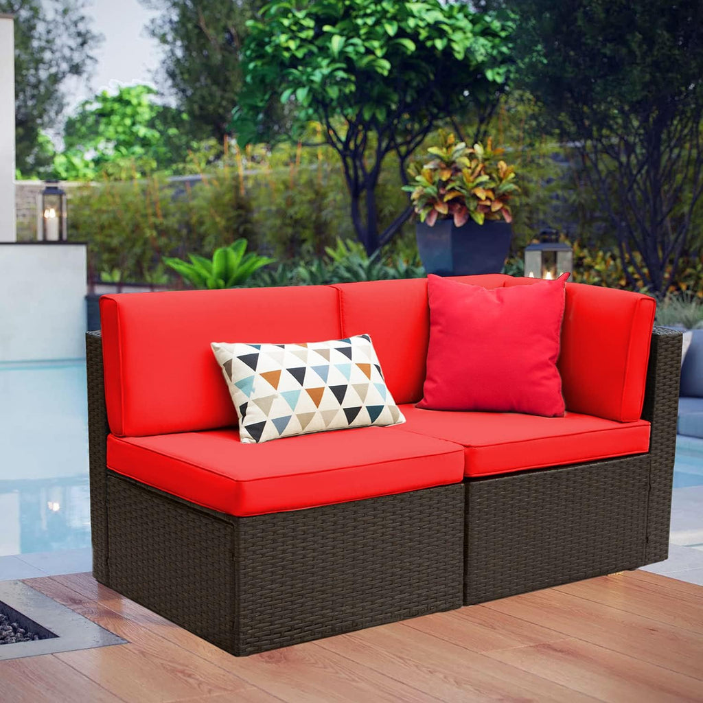 Devoko 2-Piece Modern Red Rattan & Metal Patio Sofa Set - Sectional Corner Sofa & Armless Sofa