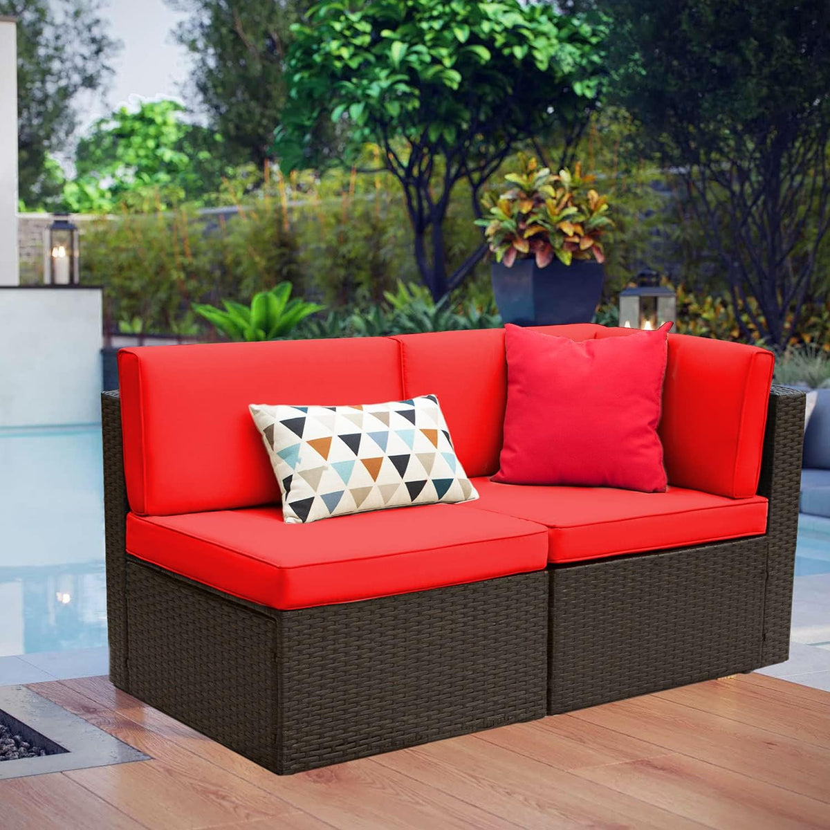 Devoko 2-Piece Modern Red Rattan & Metal Patio Sofa Set - Sectional Corner Sofa & Armless Sofa