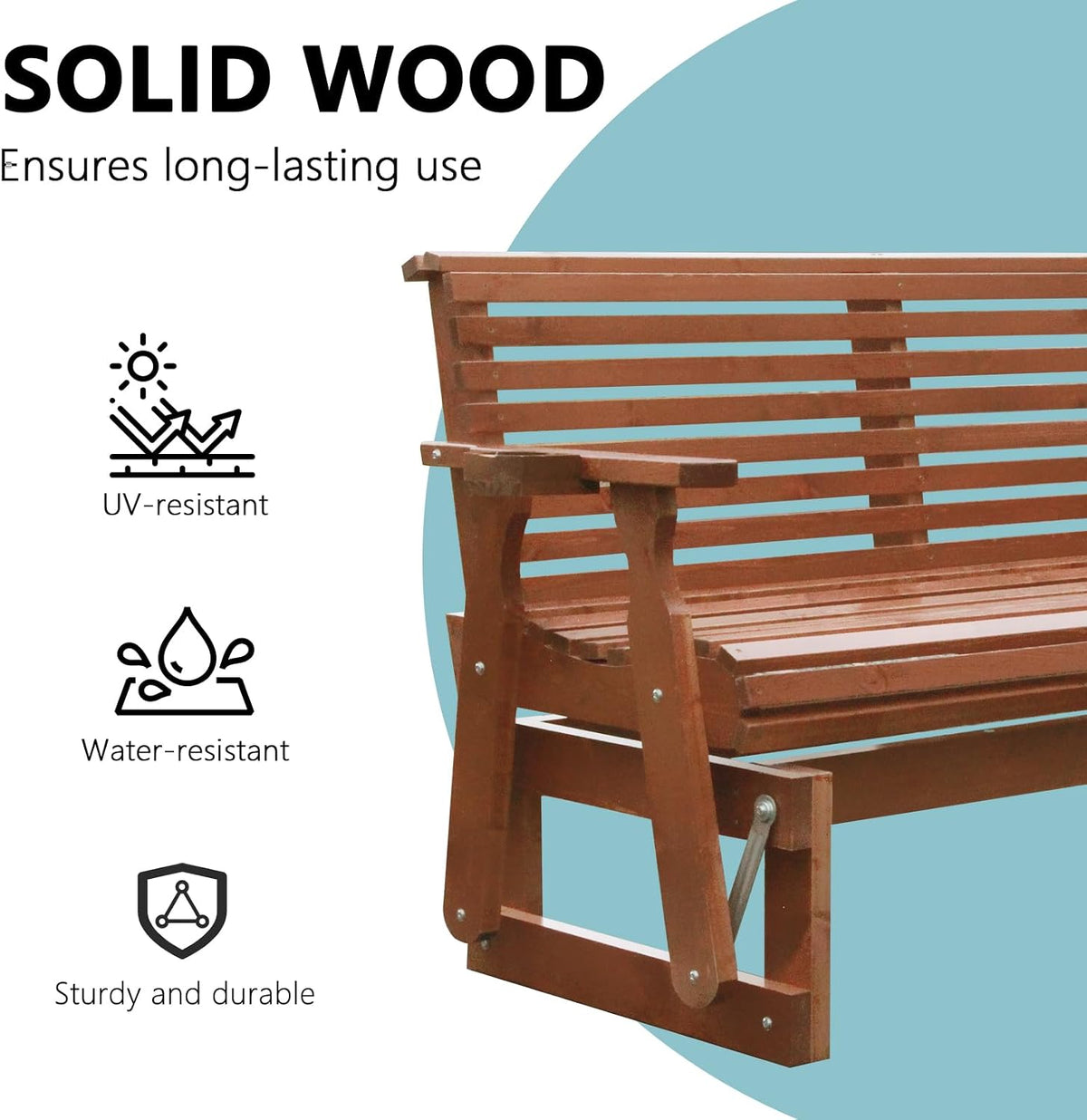 3-Seater Outdoor Glider Chair, 5FT Wood Porch Glider with High Roll Back, Cupholders and Deep Contoured for Porch, Garden, Cedar Brown
