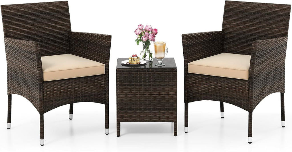 KOTEK 3 Piece Patio Furniture Set, Outdoor Wicker Patio Chairs with Soft Cushions & Tempered Glass Top Table, PE Rattan Bistro Set for Porch, Garden, Balcony (Beige)