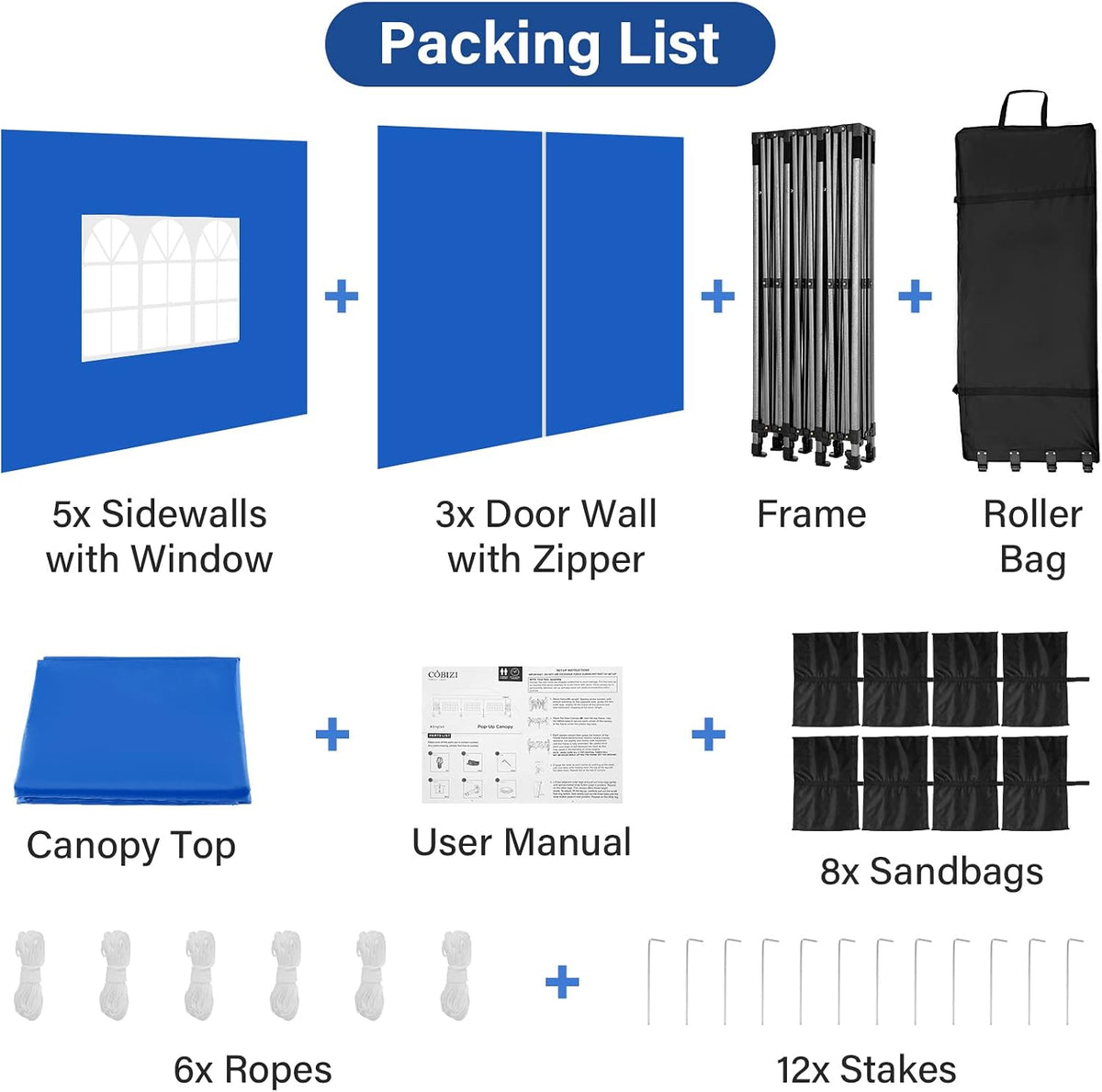 COBIZI 10x30 Heavy Duty Pop Up Canopy Tent with 8 Sidewalls Thicken Frame, Commercial Easy Up Outdoor Wedding Party Tents, All Season Waterproof Windproof with Stakes Sandbags Ropes Roller Bag, Blue