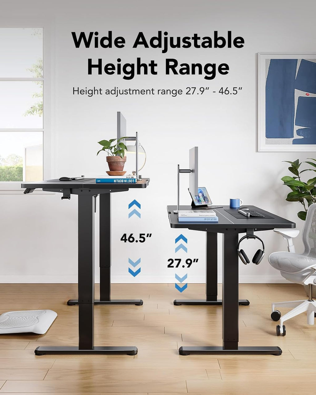 HUANUO Electric Standing Desk, Height Adjustable Desk, 4 Memory Height Settings, Black Sit to Stand Up Desk for Home Office, with Headphone Hook, Cable Manager