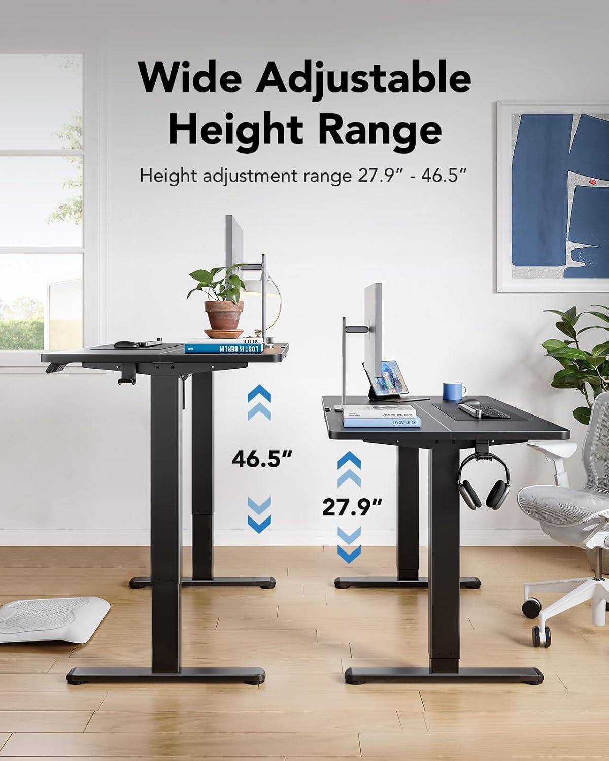 HUANUO Electric Standing Desk, Height Adjustable Desk, 4 Memory Height Settings, Black Sit to Stand Up Desk for Home Office, with Headphone Hook, Cable Manager
