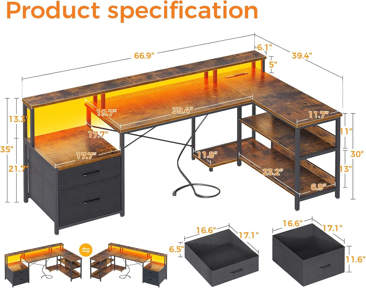 ODK L Shaped Desk with File Drawer, 66' Reversible L Shaped Computer Desk with Power Outlet & LED Strip, Office Desk with Storage Shelves, Gaming Desk with Monitor Shelf, Corner Desk, Vintage