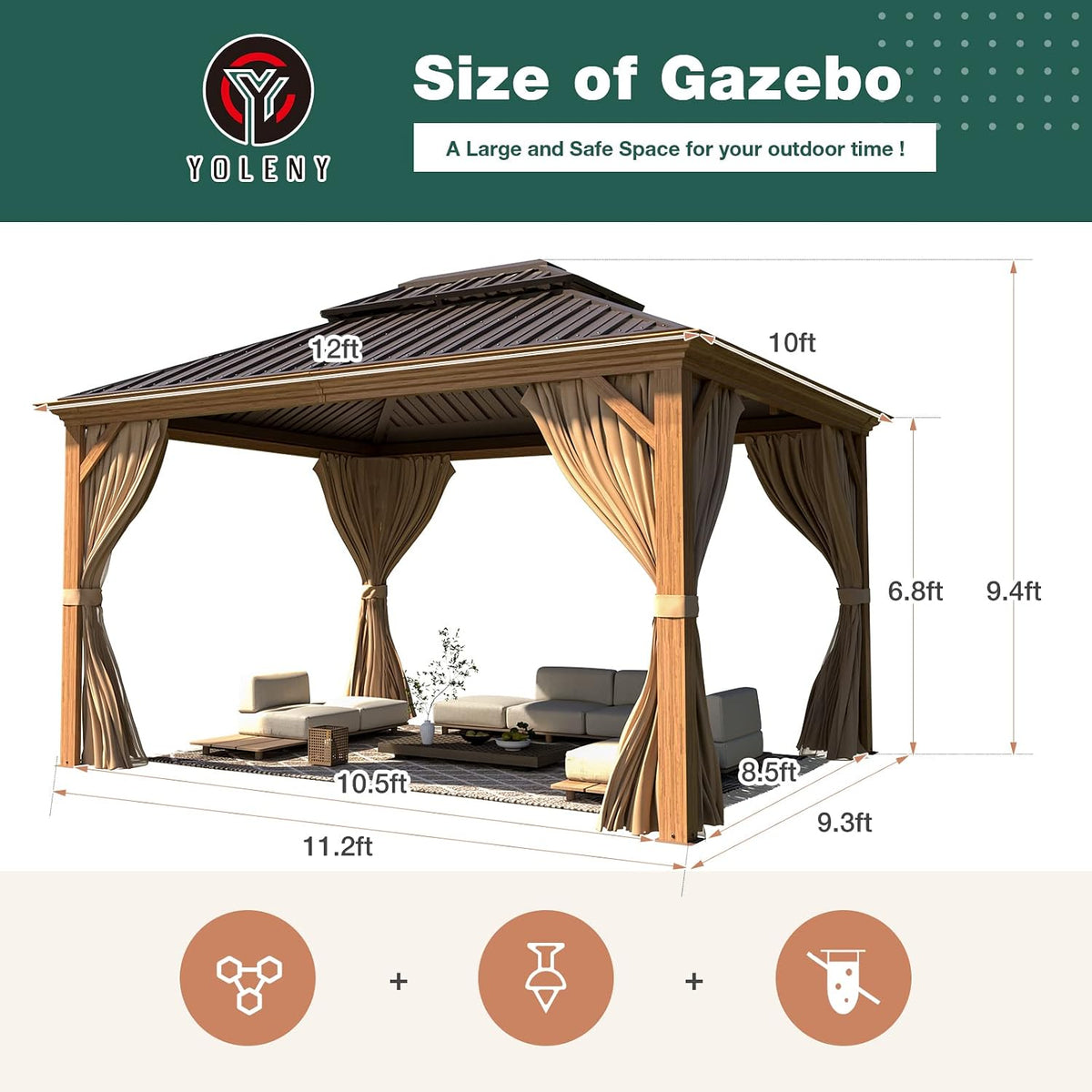 YOLENY 10'x12' Hardtop Gazebo, Wooden Finish Coated Aluminum Frame Canopy with Galvanized Steel Roof, Outdoor Metal Gazebos with Curtains and Nettings for Patio, Backyard, Deck and Lawns