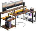 Bestier 71.5 inch Computer Desk with Power Outlets, LED Large Home Office Desk with Monitor Stand, L Shaped Corner Desk with Printer Stand Adjustable Shelf, Cup Holder & Headset Hooks, Brown