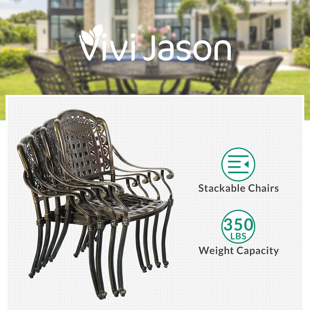 VIVIJASON 5-Piece Patio Furniture Dining Set, All-Weather Cast Aluminum Outdoor Conversation Set, Include 4 Cushioned Chairs and 1 Round Table w/Umbrella Hole for Balcony, Backyard, Navy Blue Cushion