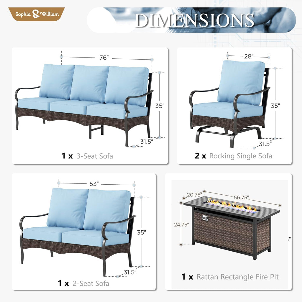 Sophia & William Patio Furniture Set with Fire Pit Table, 5 PCS Metal Outdoor Conversation Set with Fire Pit Table, 2 Sofa Chairs,1 Loveseat, 3-Seater Couch for Outdoor Seating, Backyard, Porch(Blue)